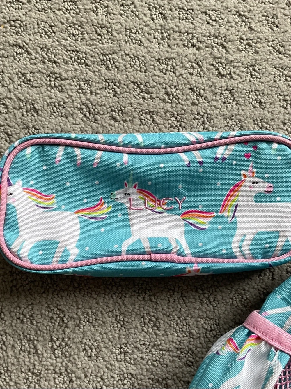 Pottery Barn Kids Aqua & Pink Unicorn Backpack and pencil case with Rainbows 565